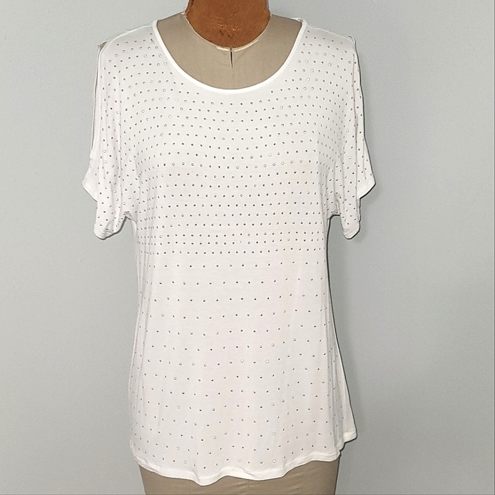 White Studded Cold Shoulder Short Sleeve Shirt